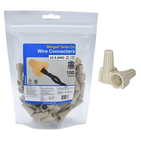 Grizzly Supply Winged Screw-On Wire Connector, 22-8 AWG, 600V Max, Thermoplastic, Tan 100PK WCW-Tan-C