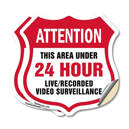 Signmission 24 Hour Surveillance Shield Sign Attenti, 4 inch X 4 inch, Vinyl Decal, 2PK SHI-D-2PACK-4-349