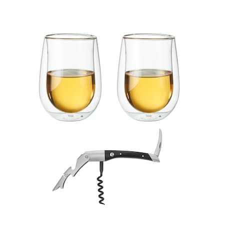 Zwilling Sorrento Double-Wall Stemless White Wine Glasses with Waiters Corkscrew 3-pc Set 1027867