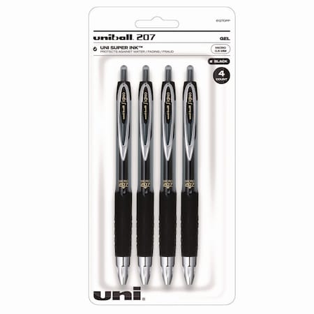 Uniball Signo 207 Gel Pen, Retractable, Fine 0.5 mm, Black Ink, Smoke/Black Barrel, 4PK 61270