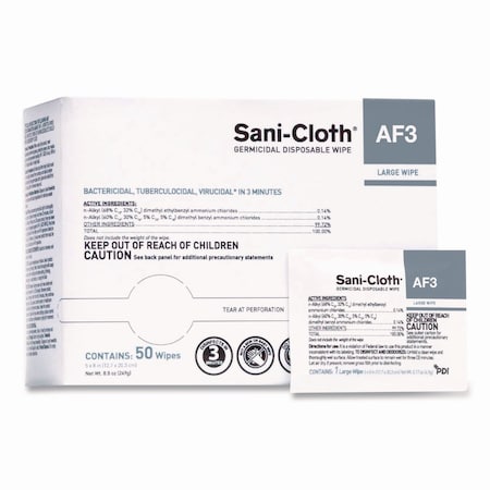 Sani Professional Sani-Cloth AF3 Germicidal Disposable Wipes, Large, 1-Ply, 8inx5in, Unscented, White, 50 Wipes, 10PK H59200