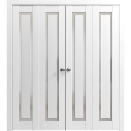 Sartodoors Sliding Closet Double Bi-fold Doors, Planum 0888 Painted White with Frosted Glass, Sturdy Tracks Mo PLANUM0888DBF-BEM-72 x 80 (4* 18x80)