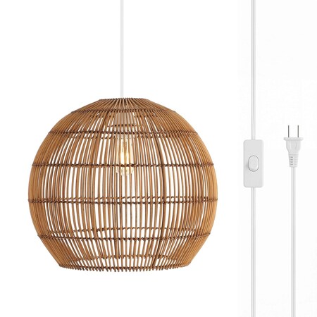 Jonathan Y Raya 19" 1-Light Farmhouse Coastal Rattan 180" Cord Plug-In or Hardwired LED Pendant, Brown JYL1404A