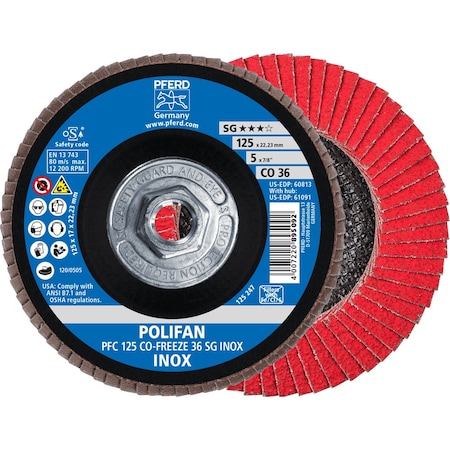 Pferd 5'' x 5/8-11 Thd. POLIFAN Flap Disc - CO-FREEZE SG INOX, Ceramic oxide, 36 Grit, Conical 61091