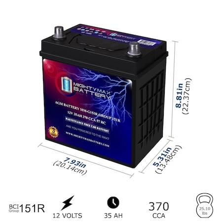 Mighty Max Battery MM-G151R Start and Stop Car BCI Group Size 151R 12V 35Ah, 57RC, 370 CCA Rechargeable AGM Car Battery MAX4171983