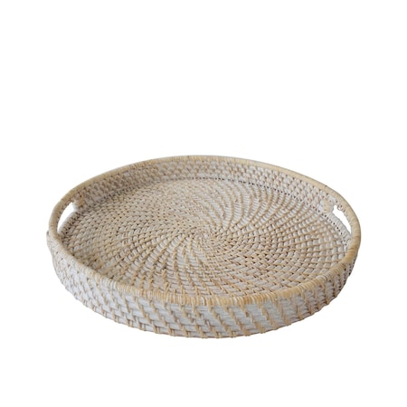 Homeroots 18in Whitewash Round Rattan Indoor Outdoor Handmade Tray With Handles 476488