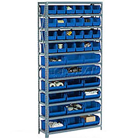 Global Industrial Steel Open Shelving - 15 Blue Plastic Stacking Bins 8 Shelves - 36 x18 x 73 506208BL