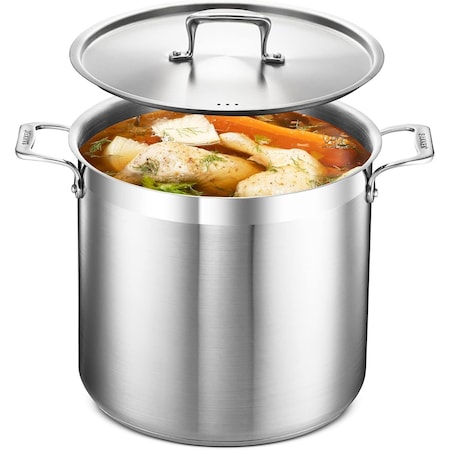 Bakken-Swiss 16QT Stockpot, Brushed Stainless Steel, Induction-Ready, Lid and Riveted Handles, Heavy Duty BAKSTQ16