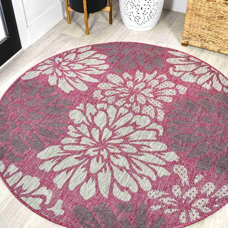 Jonathan Y Zinnia Modern Floral Textured Weave Fuchsia/Light Gray 5 ft Round Indoor/Outdoor Area Rug SMB110F-5R