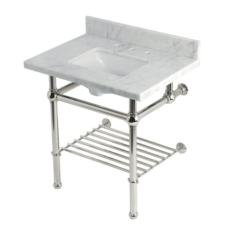 Kingston Brass 30-Inch Carrara Marble Console Sink with Brass Legs and Shelf, 8-Inch, 3-Hole KVPB3030MBSQB6