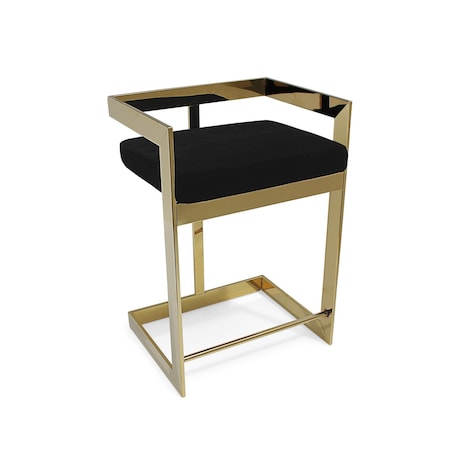 Homeroots 30" Black and Gold Velvet and Stainless Steel Low Back Bar Height Bar Chair 555064