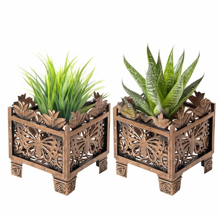 Gardenised Set of 2 Outdoor Living Butterfly Square Plant Stands Flower Pots, Bronze Finish QI004122