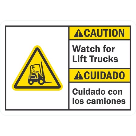 Lyle Caution Watch For Lift Trucks (W/Sym) (Bilingual), 5x3.5, Non-Reflective, White G-16810-ND_5x3.5