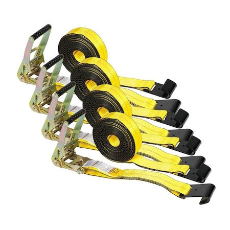 Mytee Products 2 inx27 ft Yellow Tie-Down Ratchet Strap w/ Flat Hook, 3,333, 4PK RS227x4