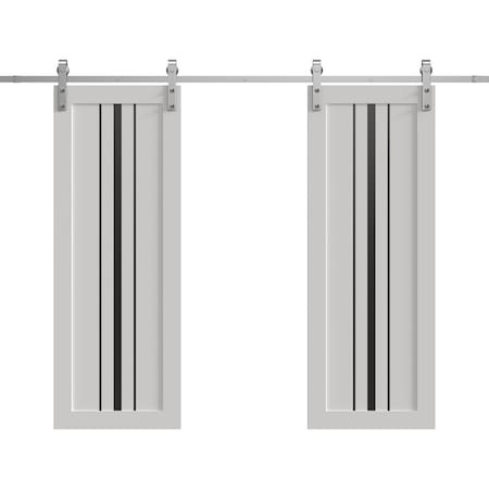 Sartodoors Double Barn Door 84 x 80 inches, BASIC 4903 White with Black Glass, 14FT Silver Rail Track Set, S BASIC4903DB-S-WS-84