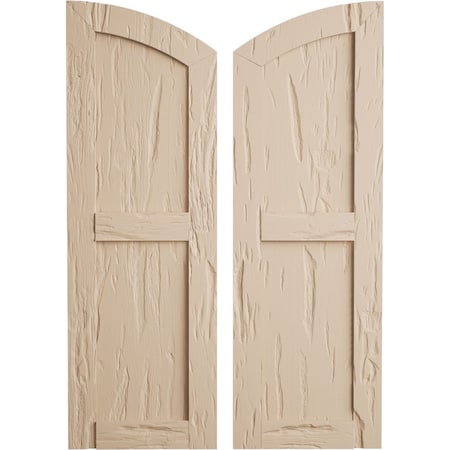 Ekena Millwork Pecky Cypress 2 Equal Flat Panel w/Elliptical Top Faux Wood Shutters, 18"W x 26"H (20" Low Side) SHUFPL18X26PCPR
