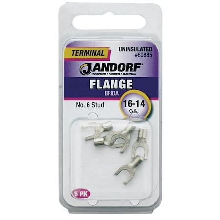 Jandorf Non-Insulated Flanged Spade Terminal, 16 to 14 AWG Wire, #6 Stud, Copper Contact 60885