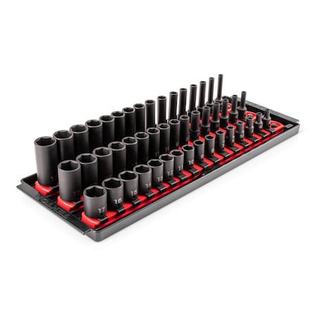 Tekton 1/4in Dr. Shallow, Semi-Deep, and Deep 6pt Impact Socket Set w/Rails and Trays, 48pc (4-17 mm) SID90112