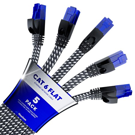 Maximm Cat6 Flat Braided Ethernet Cable 6ft, 5PK, Black, 5PK C6F-6FT-5PK-BKBRD