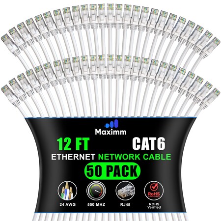 Maximm Cat6 Ethernet Cable 12ft 10Gbps 550MHz UTP, 50PK, White, 50PK CAT6CCA-12WH-50PK
