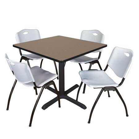 Regency Square Cain Breakroom Table W/ 4 M Stack Chairs, 36 in W, 36 in L, Noble Oak TB3636NO47GY