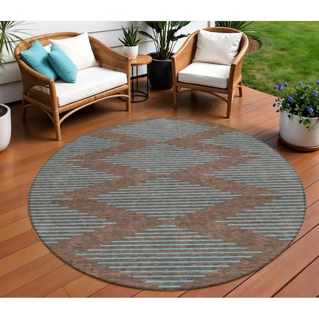 Homeroots 8' Brown And Aqua Round Geometric Washable Indoor Outdoor Area Rug 598730