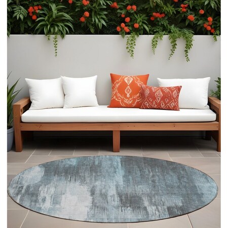 Homeroots 8' Round Teal Round Abstract Washable Non Skid Indoor Outdoor Area Rug 563624