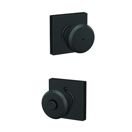 Schlage Residential Bowery Knob with Collins Rose Privacy Lock with 16080 Latch and 10027 Strike Matte Black Finish F40BWE622COL
