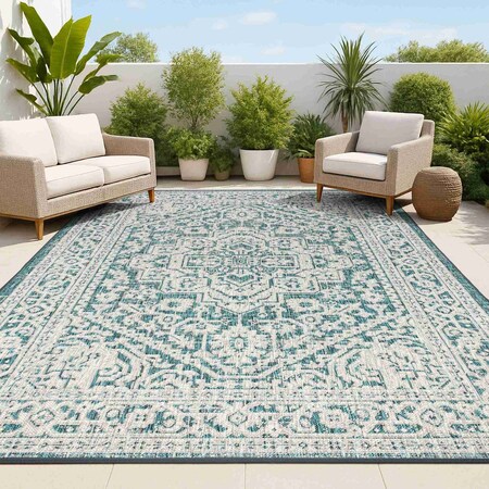 Jonathan Y Sinjuri Medallion Textured Weave Teal Blue/Gray 4 ft. x 6 ft. Indoor/Outdoor Area Rug SMB101C-4