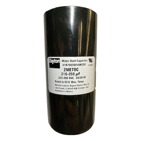Dayton Motor Start Capacitor, 220 to 250V AC, 216-259 mfd, Round, 4 3/8 in Case Ht, 2 1/16 in Dia 2MET8