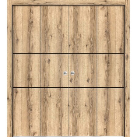 Sartodoors Sliding Closet Double Bi-fold Doors, Planum 0014 Oak and Aluminum Strips, Sturdy Tracks Moldings Tr PLANUM0014DBF-DUB-72 x 84 (4* 18x84)