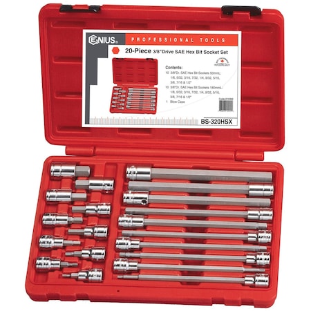Genius Tools 20PC 318in Dr. SAE Long Hex Bit Socket Set BS-320HSX