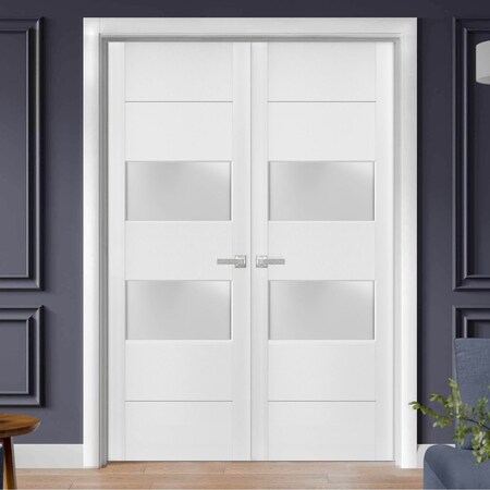 Sartodoors Solid French Double Doors 2 lites, Lucia 4010 White Silk with Frosted Glass, Wood Solid Panel Frame LUCIA4010DD-WS-36