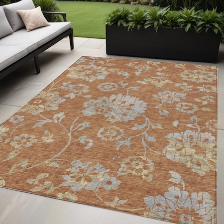 Homeroots 5' X 8' Orange Copper And Gray Floral Washable Indoor Outdoor Area Rug 589495