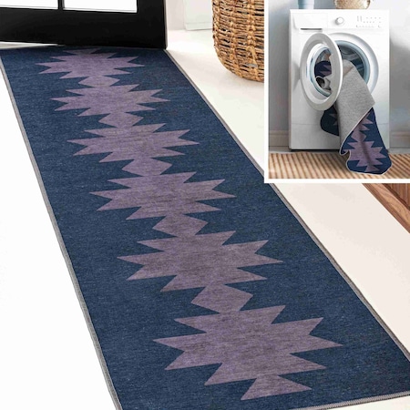 Jonathan Y Chayton Minimalist Geometric Non-Slip Machine-Washable Navy/Purple 2 ft. x 8 ft. Runner Rug WSH110F-28