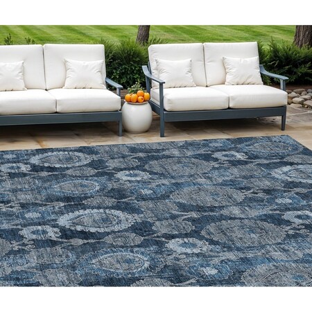 Homeroots 10' X 14' Navy Blue And Denim Blue Damask Washable Indoor Outdoor Area Rug 588189