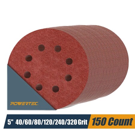 Powertec 5in 8 Hole Hook and Loop Sanding Discs, Aluminum Oxide, 40/60/80/120/240/320 Assorted Grits, 150PK 45058N