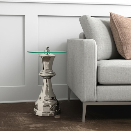 Homeroots 21" Clear and Silver Glass and Aluminum Chess Queen End Table 634158