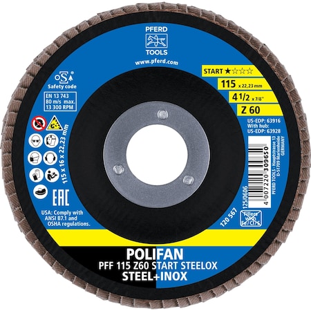 Pferd 4-1/2'' Flap Disc, 7/8'' Arbor, 60 Grit, Z START STEELOX, Type 27, Flat, Zirconia 63916