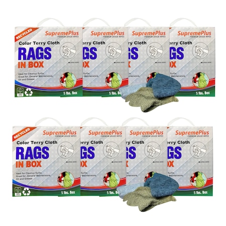 Supremeplus Recycled Color Terry Towel Cleaning Rags, 5 lbs. Compressed Box, Pack of 8, 8PK SP-0386