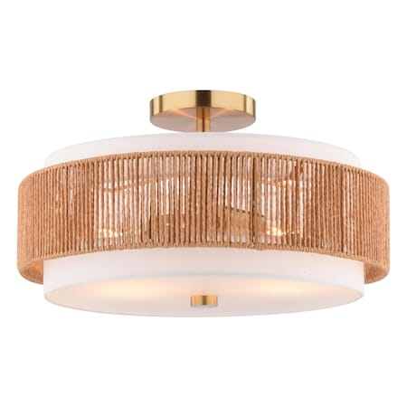 Vaxcel Abbotsford 2-Light Semi-Flush Ceiling Light, Bright Gold, White Linen and Rattan Drum, 16-In. C0375