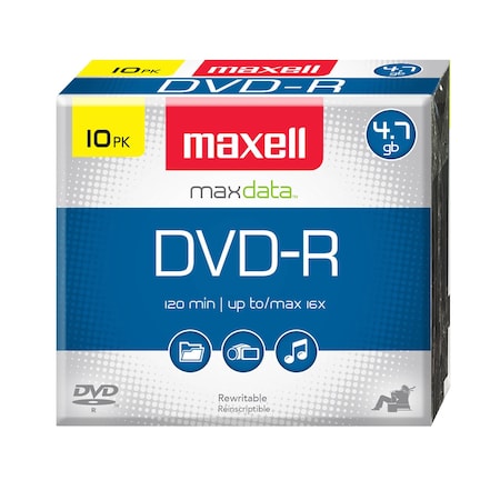 Maxell DVD-R 16X DVD-R WRITE ONCE 4.7GB UP TO 120 MIN RECORDING 10PK SLIM JEWEL CASE, 10PK 638004