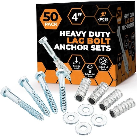 Xpose Safety Concrete Anchors Set with 4 Lag Bolt, Lag Shield and Washer, 1/2 Bolt Lag Screws 4, 50PK CAS4-50-X-S