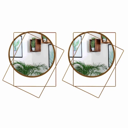 Uniquewise Set of 2 Decorative 20-inch Circle Mirror Featuring 2 Squares Shaped Gold Metal Frame - QI004580.2