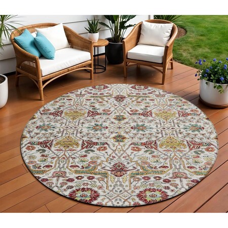 Homeroots 8' Ivory Red And Green Round Floral Washable Indoor Outdoor Area Rug 604649