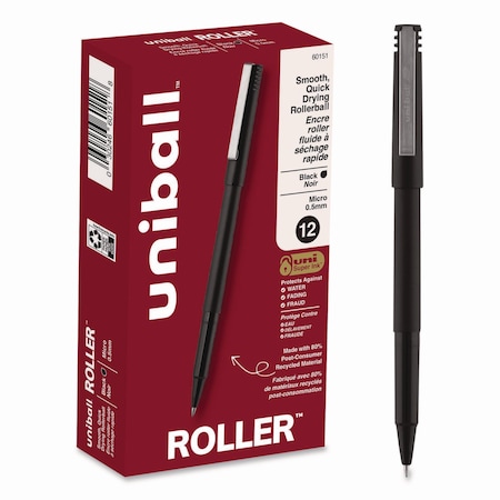 Uni-Ball Stick Roller Ball Pen, Micro 0.5mm, Black Ink, Black Barrel, PK12 60151