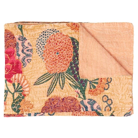 Homeroots 50" X 70" Orange and Red Kantha Cotton Floral Throw Blanket with Embroidery 357559