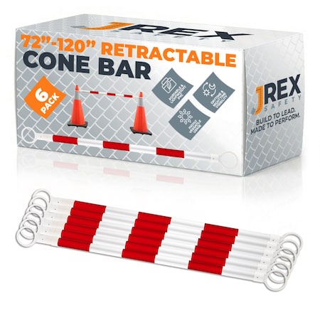 Jrex Safety Retractable Cone Bar Red/White, 72 in to 120 in Length, 6PK CBR-JR-72/120-6PK
