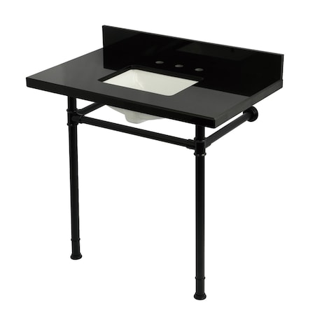 Kingston Brass 36" Black Granite Console Sink with Stainless Steel Legs, 8-Inch, 3-Hole, Black Granite/Matte Black KVPK36227K380