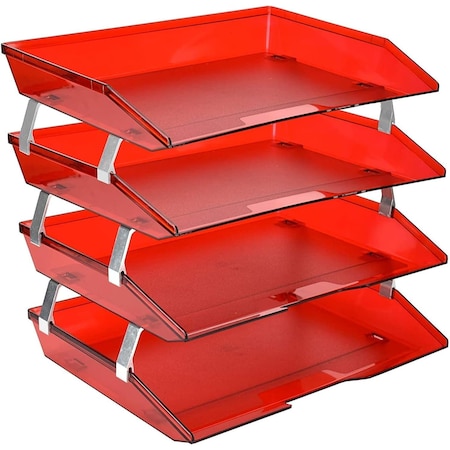 Acrimet Facility 4 Tier Letter Tray Side Load Letter Size Desktop File Organizer Plastic Clear Red 256.7